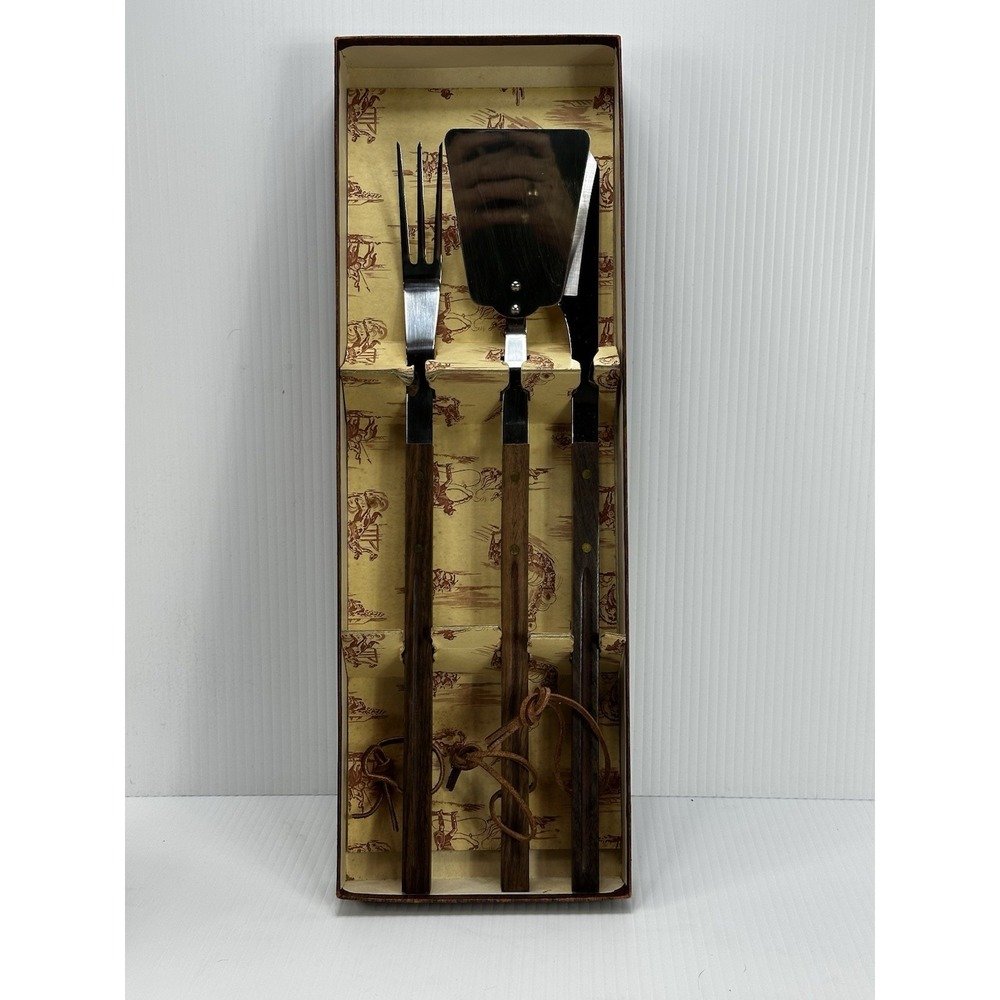 Vintage Cowboy Western Chuck‎ Wagon MCM Teak BBQ Tools Utensil Set Original Box